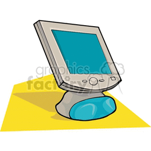 Clipart image of a computer monitor displaying a teal screen, set on a stylized base, with a yellow background.