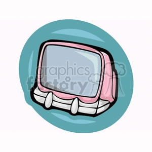 Clipart of a retro pink computer monitor in a cartoon style with a green circular background.