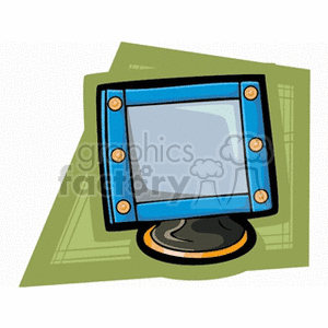 Clipart illustration of a retro computer monitor with a blue frame and a black stand on a green abstract background.