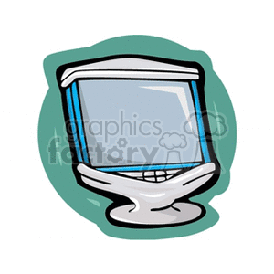 A cartoon-style clipart of a computer monitor with a blue screen and a white frame, set against a green background.