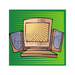 A retro-style clipart image of a desktop computer with a monitor and speakers on a green background.