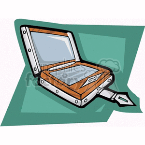 A stylized clipart image of an open laptop with a closing latch integrated into its design.