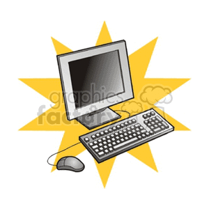 Clipart image of a desktop computer with a monitor, keyboard, and mouse in front of a yellow starburst.