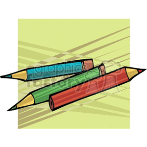 Clipart image of three colored pencils in red, green, and blue against a patterned green background.