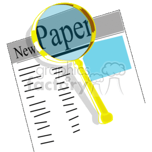 The clipart image shows a folded newspaper with visible text that reads Paper in a bold font. Over part of the newspaper, there is a magnifying glass, indicating the action of searching or examining the newspaper closely. This could symbolize in-depth reading, research, investigation, or the search for specific information in the news. The magnifying glass has a yellow handle and appears to be magnifying a section of the newspaper. The newspaper has a column of text and some blue-colored areas, possibly representing images or graphics typically found in newspapers. The scene conveys elements of business, research, and the pursuit of information.