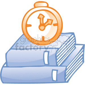   The clipart image shows a stack of books, likely representing office work or study materials, and an alarm clock placed on top, symbolizing the concept of time management or deadlines. It