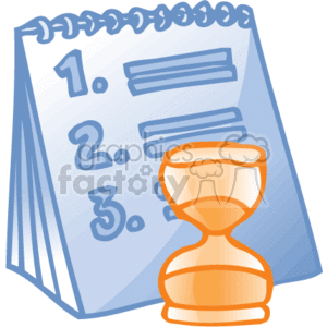 The clipart image depicts a notepad with a numbered list, showing three items, alongside an hourglass. This image conveys concepts of time management, scheduling, organization, and prioritization in a business or office setting. The numbered list suggests a set of tasks or appointments, while the hourglass indicates the passage of time or a time limit for completing the tasks listed.