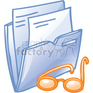 Clipart image of a blue folder containing documents alongside a pair of orange glasses.