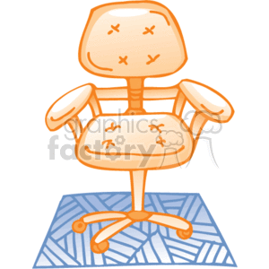 This image shows a cartoon-style illustration of an office chair. The chair appears to be swivel style with a five-point rolling base, which is common in many office environments for ease of movement. The seat and backrest have a tufted design, suggesting cushioning for comfort. The chair also includes armrests. The chair is situated on top of a patterned area rug or floor mat, which could be used to protect the floor or provide additional stability for the chair. The overall style is simplified and friendly, typical of clipart images used for business-related material or presentations to denote office supplies or furniture.