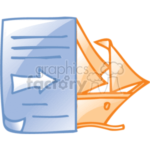 The clipart image depicts a collection of business-related items typically associated with an office environment. It includes a document or file with text lines and a prominent arrow, indicating movement or transfer, alongside half of a sailing ship - giving the impressions of shipping, couriers, etc.