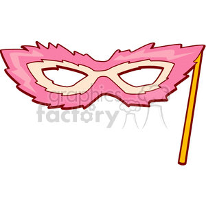 Clipart image of a pink masquerade mask with a fluffy design and a stick handle.