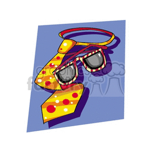 A colorful clipart illustration featuring a bright yellow polka dot necktie and a pair of striped red and yellow eyeglasses  on a blue background.
