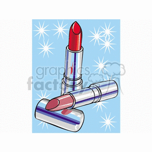Clipart image of two lipsticks, one red and one pink, with silver tubes against a blue background with white starburst shapes.
