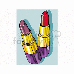 A colorful clipart image of two lipsticks, one in purple shade and the other in red shade, both in golden casings.
