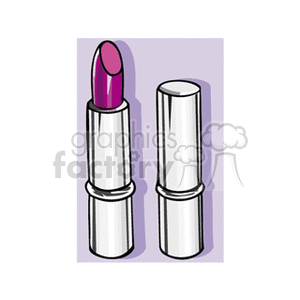 Clipart image of a pink lipstick with its cap removed, showcasing the lipstick bullet alongside the cap on a light purple background.