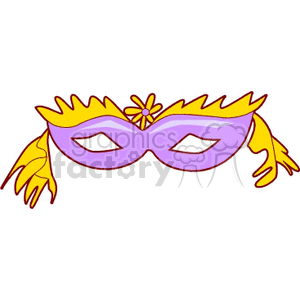 A colorful clipart image of a masquerade mask featuring purple and yellow colors, adorned with a decorative flower and feathers.