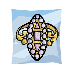 A clipart image of a decorative, ornate vintage ring with a gold band and purple gemstones arranged in a patterned design.