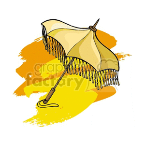 A clipart image featuring a yellow parasol or umbrella with intricate fringe details against a yellow and orange abstract background.