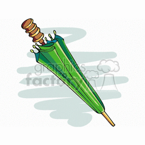 A clipart image of a closed, green umbrella with a wooden handle.