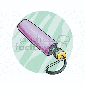 An illustration of an umbrella folded away and packed inside its cover. 