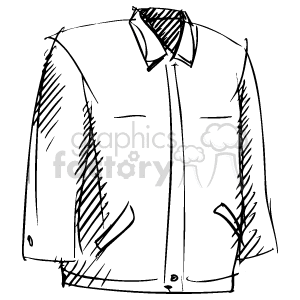 A black and white sketch of a jacket featuring a collar, sleeves, front zipper, and pockets.