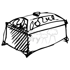 A monochrome clipart image depicting a rectangular jewelry box with a domed lid and ornate decorations.
