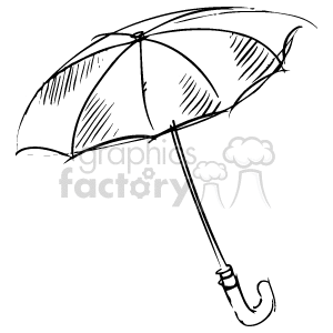 A hand-drawn black and white clipart image of an open umbrella with a curved handle.