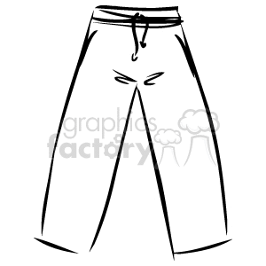 A simple black and white clipart of a pair of pants with a drawstring waist.