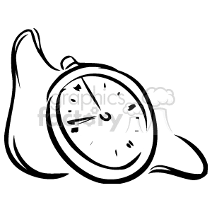 A black and white clipart image of a classic pocket watch, with simplistic lines.