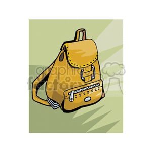 An illustration of a yellow backpack with a front zipper pocket, shown against a green background.