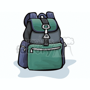 Clipart image of a green and blue backpack with multiple pockets and straps.