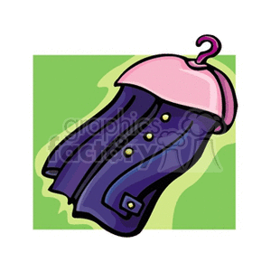 The clipart image features a coat with buttons on a hanger, placed against a green background. The coat is purple with gold buttons and the hanger is pink.