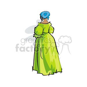 A clipart image of a person wearing a bright green dress and a blue turban viewed from the back.