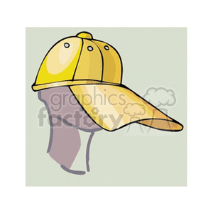 A clipart image of a yellow baseball cap placed on a grey head mannequin.