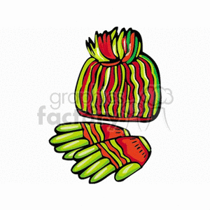 Colorful clipart image of a winter hat and gloves with red, green, and yellow stripes.