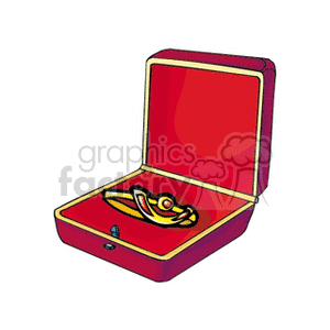 Clipart image of an open red jewelry box with a gold tie clip inside.