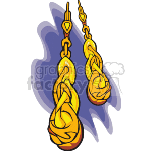 The clipart image depicts a pair of gold, teardrop-shaped, dangle earrings. They have an intricate, twisted design, suggesting a luxurious and expensive accessory. The earrings appear shiny and are designed to be worn as piercings.