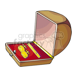 An open jewelry box containing a pair of gold cufflinks and a tie bar set against a red velvet interior.