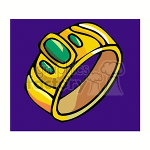 A vibrant clipart image of a gold ring with green gemstones, set against a purple background.