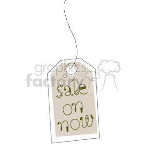 The image shows a sale tag with the words Sale on now printed on it. This tag symbolizes promotional sales events, commonly found in retail stores to signify discounts on clothing or other items.