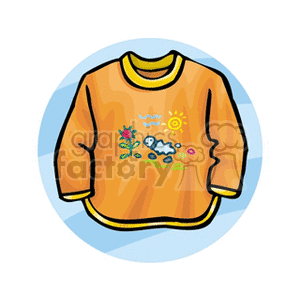 Illustrated orange sweatshirt with a colorful design featuring a sun, cloud, flower, and water elements.