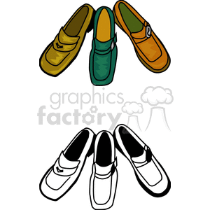 Clipart image featuring three colorful loafers in vibrant yellow, green, and orange, accompanied by their black and white counterparts.