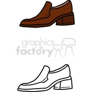 Clipart image of two heeled shoes, one colored brown and one outlined in black and white.