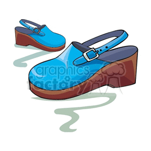 Clipart image of blue clogs with high wooden heels and ankle straps.