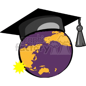 Clipart image of a globe wearing a graduation cap, representing global education or international graduation.