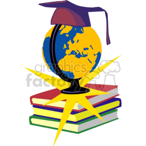 Cartoon globe on a stack of textbooks wearing a graduation cap