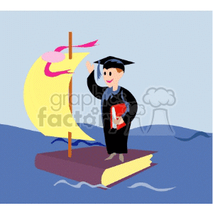 Clipart of a graduate wearing a cap and gown, holding a diploma, standing on a large book used as a boat with a sail, floating on water.