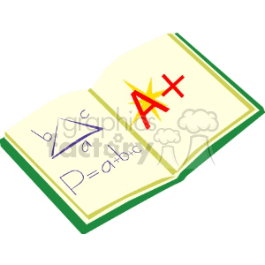 Clipart image of an open book with mathematical diagrams and an A+ grade symbol.