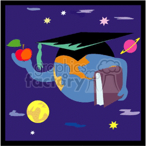 A colorful clipart image of a globe wearing a graduation cap, holding an apple and a book, floating among stars and planets.