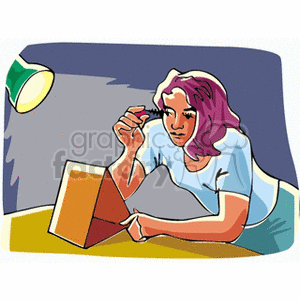 Clipart of a teenage girl applying mascara in front of a mirror on a desk, with a lamp illuminating her.